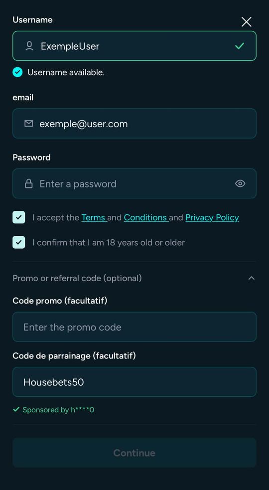 Formulario de registro de Housebets con el código housebets50 en el campo de referido